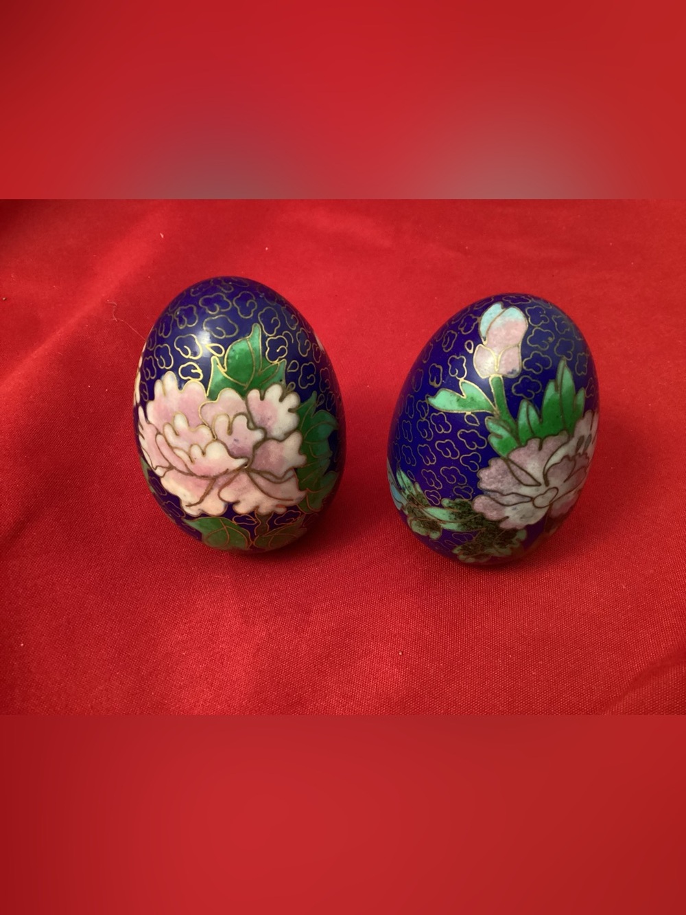 2 Cloisonné Enameled Egg Floral Pattern, Brass Blue Pink Floral